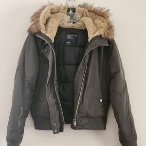American Eagle Outfitters Black Jacket with Faux Fur Hood
